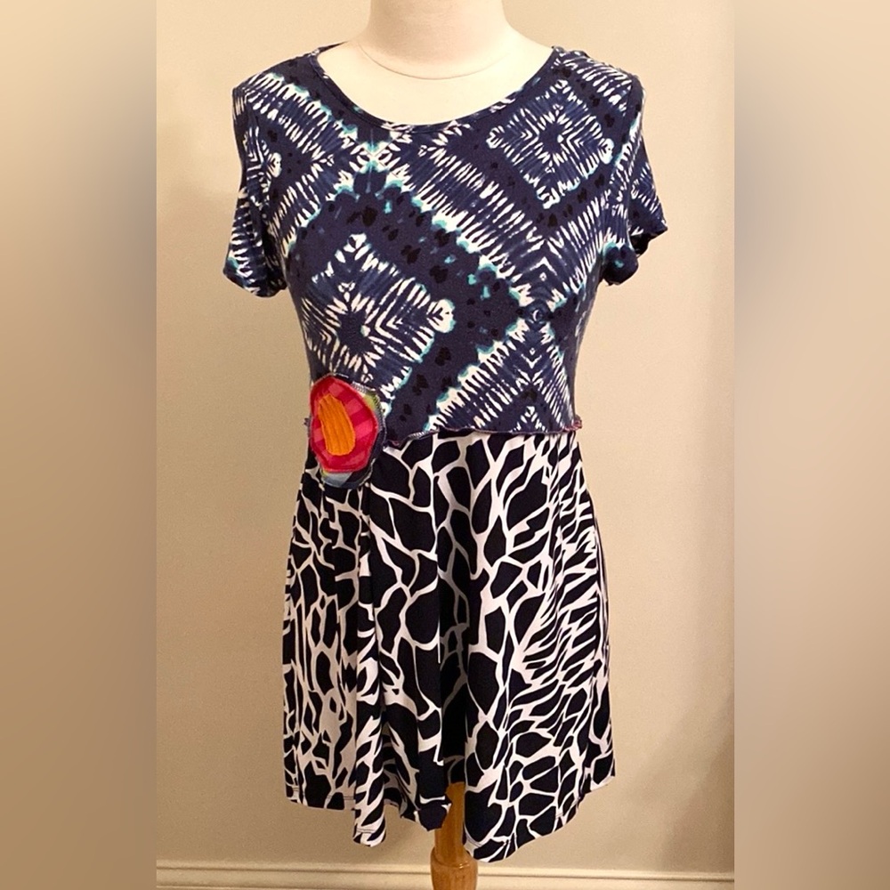 A.D.D. Blue Tie Dye Animal Print Patchwork Boho Chic Hippie Y2K Mini Dress SZ S